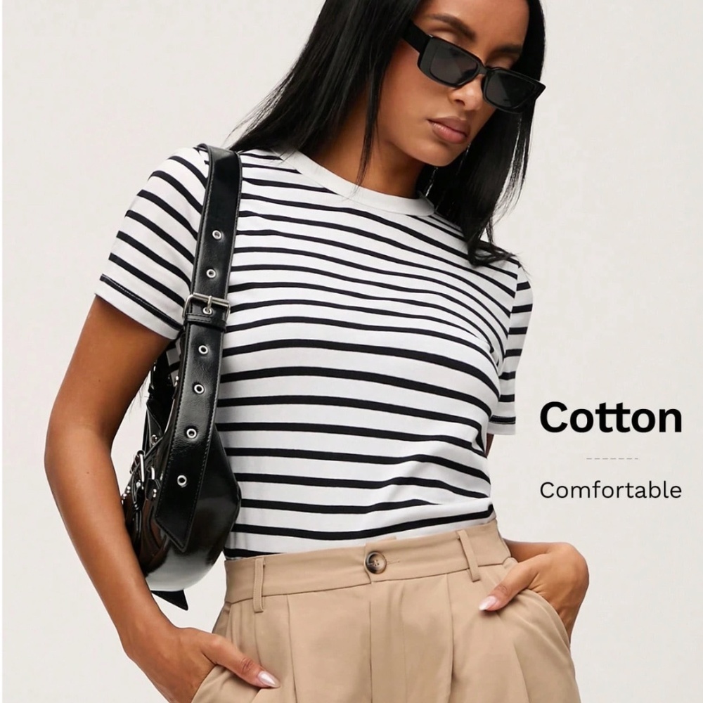 Cotton Striped Black on White Short Sleeve Tee Shirt Crew Neck